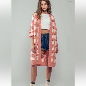 Pink Crochet Long Cardigan Sweater